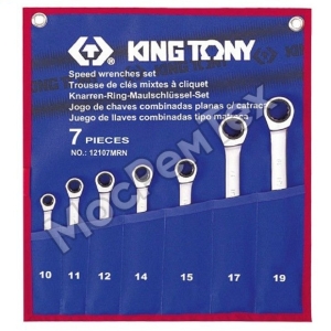 KING TONY 12107MRN  Набор комбинированных трещоточных ключей, 10-19 мм, чехол из теторона, 7 предметов 